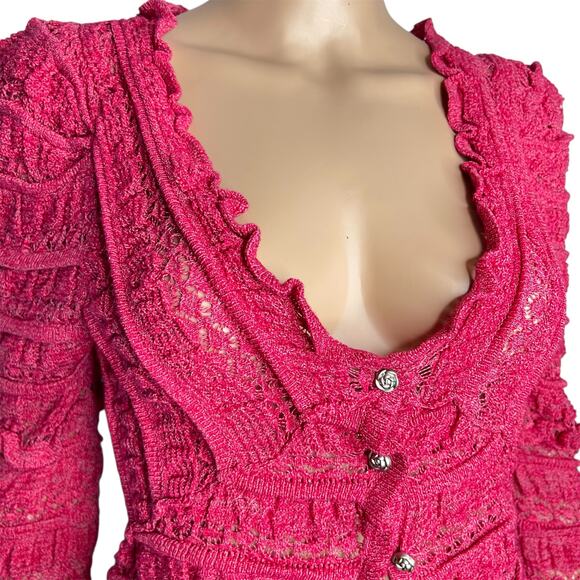 Free People Wild Roses Pink Ruffle Knit Cardigan Sweater NWT Size S Wild Berry - Picture 3 of 11